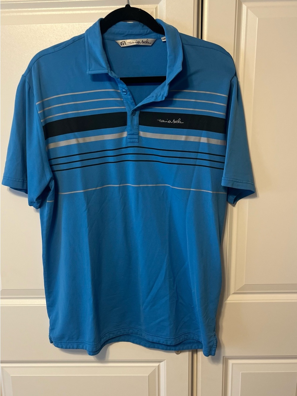 Travis Mathew Blue Polo with Black and Gray Stripes-L